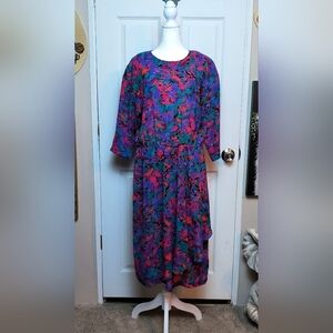 Vintage Watercolor Midi Dress Size Large Cinched Multicolor Dress